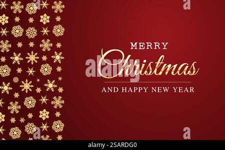 Carte de voeux de Noël et nouvel an de vecteur avec flocons de neige dorés et fond rouge. Modèle d'affiche d'hiver avec des étoiles d'or brillantes Illustration de Vecteur