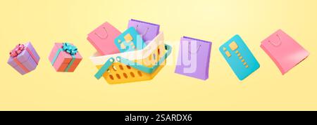 Ensemble d'éléments d'achat 3D. illustration 3d de cartes de crédit flottantes, sacs à provisions, cadeaux et un panier en plastique sur fond jaune. Ensemble d'éléments d'achat 3D. Illustration de Vecteur