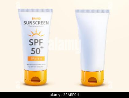 maquette de tube de crème solaire d'été 3d. Éléments d'un récipient à écran solaire avec bouchon rabattable orange. Produit utilisé pour la protection UV, soins personnels de la peau. maquette de tube d'écran solaire cosmétique 3d. Illustration de Vecteur