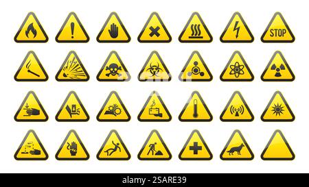 Ensemble de panneaux de signalisation de danger triangulaires. Collection d'icônes de danger. Poison, toxique, danger biologique et autres symboles dans un triangle jaune. Illustration vectorielle Illustration de Vecteur