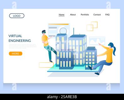 Modèle de site Web de vecteur d'ingénierie virtuelle, conception de page Web et de page de destination pour le développement de site Web et de site mobile. VR pour les projets architecturaux et la construction.. Modèle de conception de page de destination de site Web de vecteur d'ingénierie virtuel Illustration de Vecteur