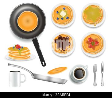 Crêpes moelleuses avec diverses garnitures miel, chocolat, myrtille et fraise, illustration isolée vectorielle. Poêle à frire réaliste avec crêpe, café. Petit déjeuner américain traditionnel.. Crêpes moelleuses au miel, au chocolat, aux myrtilles et aux fraises, illustration isolée vectorielle. Petit déjeuner américain Illustration de Vecteur