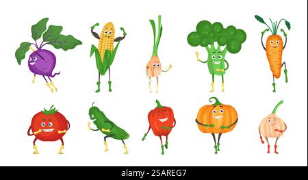 Ensemble de caractères végétaux mignon et drôle, illustration vectorielle plate. Joyeux dessin animé chou-rave, brocoli, maïs doux, oignon, carotte, tomate, concombre, citrouille, ail, poivron rouge avec les visages. Nourriture saine.. Ensemble de caractères végétaux mignon et drôle, illustration vectorielle plate. Illustration de Vecteur