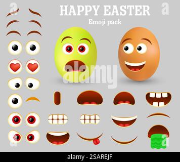 Oeufs de Pâques émoticône créateur de personnage, créateur de smiley. Ensemble vectoriel de parties faciales d'émoticône pour votre propre création d'emoji avec différentes expressions faciales. Joyeuses Pâques Egg emoji pack.. Vecteur fabricant d'emoji d'oeufs de Pâques, créateur d'émoticônes Illustration de Vecteur