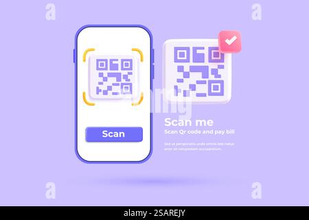 3d rendu de smartphone et bouton poussoir pour numériser le code qr pour le paiement en ligne, la transaction d'argent sur le service d'application mobile. Dessin animé rendu plastique marketing numérique, achat en ligne sur le site Web. Illustration vectorielle 3D. Illustration de Vecteur