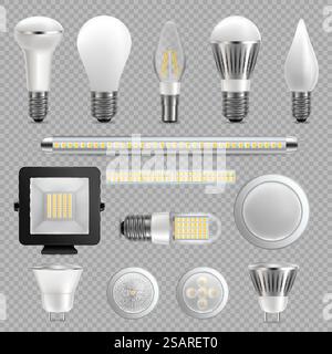 Ensemble d'ampoules LED, illustration vectorielle isolée sur fond transparent. Projecteurs et luminaires à baie haute, lampe à tube, lampes domestiques etc Lampes à économie d'énergie. Jeu d'ampoules LED, illustration isolée vectorielle Illustration de Vecteur