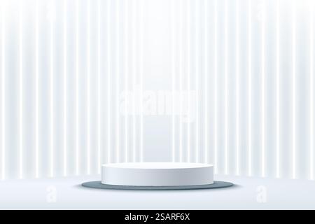 Podium cylindrique abstrait brillant argenté. Concept de salle vide SCI-fi avec éclairage au néon lumineux vertical. Rendu vectoriel de la forme 3D, présentation de l'affichage du produit. Scène murale minimale futuriste. Illustration de Vecteur