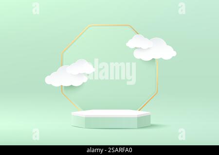 Podium hexagonal blanc. Scène murale minimale couleur pastel avec fond or et vert. Style découpé en papier en forme de nuage. Rendu vectoriel de la forme 3D, présentation de l'affichage du produit. Arrière-plan abstrait. Illustration de Vecteur