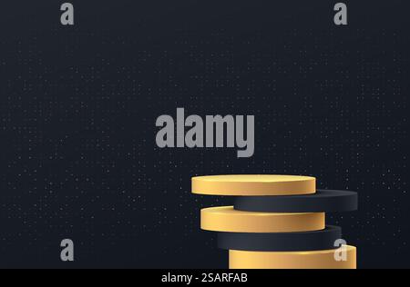 Podium cylindrique noir et doré brillant se chevauchant avec l'ombre. Scène murale minimale noire avec texture de paillettes dorées. Rendu vectoriel de forme 3D pour la présentation d'affichage de produit. Chambre abstraite. Illustration de Vecteur