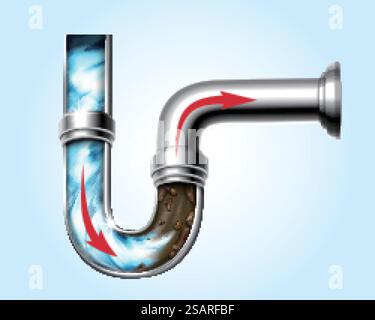 effet d'illustration 3d de l'agent chimique puissant débouchant la conduite d'eau sale, isolé sur fond bleu clair. Effet pour déboucher la conduite d'eau Illustration de Vecteur
