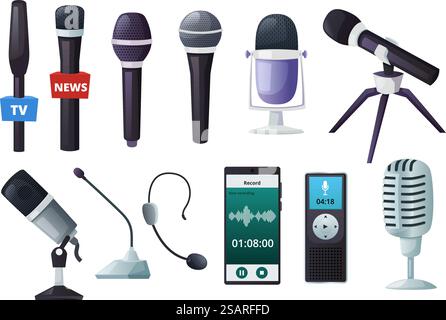 Microphones de dessins animés. Microphone vocal vintage, enregistrement audio d'interview dictaphone et ensemble vectoriel d'équipement de studio de musique. EQUIPEMENT pour la diffusion d'informations, le chant professionnel sur scène ou le karaoké. Microphones de dessins animés. Microphone vocal vintage, enregistrement audio d'interview dictaphone et ensemble vectoriel d'équipement de studio de musique Illustration de Vecteur