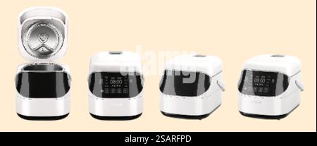 Cuiseurs à riz intelligents 3D blancs avec poignée et panneaux électroniques noirs isolés sur fond jaune. Cuiseur à riz électronique intelligent Illustration de Vecteur