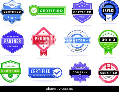 Badge certifié. Étiquette de partenaire d'entreprise, cachet d'accréditation expert ou maître vérifié et ensemble vectoriel de marque de certification de produit de badge certifié et d'illustration d'icône. Badge certifié. Étiquette de partenaire d'entreprise, tampon d'accréditation expert ou maître vérifié et ensemble de vecteurs de marque de certification de produit Illustration de Vecteur