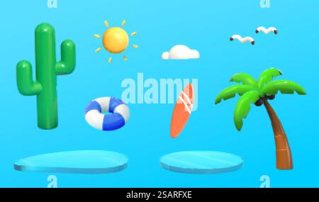 objets de plage d'été 3d. Illustration de plantes tropicales, équipement d'exercice aquatique et éléments météorologiques, etc sur fond bleu. objets de plage d'été 3d Illustration de Vecteur