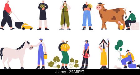 Ouvriers agricoles, agriculteurs travaillant à la ferme, à la récolte et à la culture. Jardinage de personnages de fermier, récolte en prenant soin des animaux de ferme ensemble d'illustration vectorielle. Ouvriers agricoles et travail agricole. Ouvriers agricoles, agriculteurs travaillant à la ferme, à la récolte et à la culture. Jardinage de personnages de fermier, récolte en prenant soin des animaux de ferme ensemble d'illustration vectorielle. Ouvriers agricoles Illustration de Vecteur