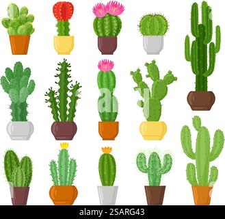 Dessins animés cactus en pot, plantes du désert, cactus et succulentes. Plantes en pot d'intérieur, ensemble d'illustration vectorielle de fleurs de cactus vert botanique. Cactus en pots, fleurs de cactus de la nature de dessin animé. Dessins animés cactus en pot, plantes du désert, cactus et succulentes. Plantes en pot d'intérieur, ensemble d'illustration vectorielle de fleurs de cactus vert botanique. Cactus en pots Illustration de Vecteur