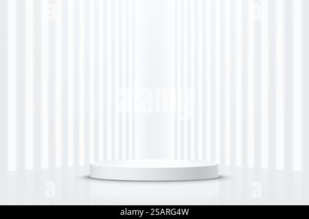 Podium de piédestal cylindrique en argent 3D réaliste avec éclairage au néon brillant vertical perspective. Rendu vectoriel pour la présentation d'un produit. Scène minimale futuriste. Salle vide SCI-fi. Illustration de Vecteur