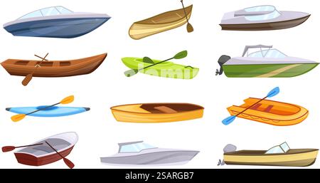 Types de bateaux de dessin animé. Bateaux marins avec pagaies, canots de couleur et bateau à moteur pour l'ensemble d'illustration vectorielle de pêche. Bateau à moteur pour le voyage, différents navires pour le transport collecte isolée. Types de bateaux de dessin animé. Bateaux marins avec pagaies, canots de couleur et bateau à moteur pour l'ensemble d'illustration vectorielle de pêche Illustration de Vecteur