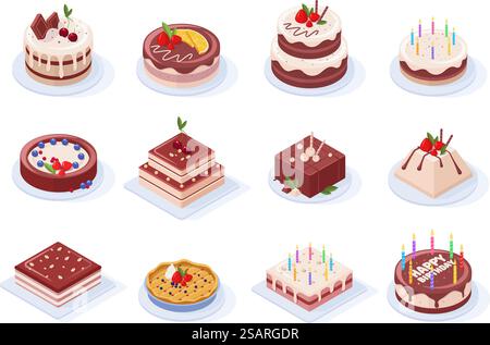 Fête d'anniversaire isométrique délicieux gâteaux glacés au chocolat. Ensemble d'illustration vectorielle de gâteaux savoureux événement de fête de chocolat, de fraise ou de vanille. Pâtisserie sucrée. Boulangerie délicieuse à la crème et à la cerise. Fête d'anniversaire isométrique délicieux gâteaux glacés au chocolat. Ensemble d'illustration vectorielle de gâteaux savoureux événement de fête de chocolat, de fraise ou de vanille. Pâtisserie sucrée 3d tartes Illustration de Vecteur
