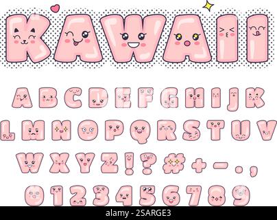 Police Kawaii. Lettres mignonnes de l'alphabet avec des visages souriants adorables. Texte stylisé avec un ensemble vectoriel d'expressions faciales positives de police alphabet abc illustration. Police Kawaii. Lettres mignonnes de l'alphabet avec des visages souriants adorables. Texte stylisé avec ensemble vectoriel d'expressions faciales positives Illustration de Vecteur