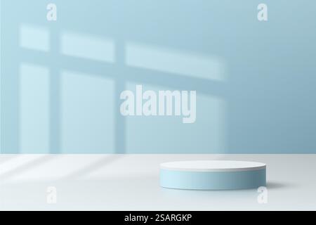 Podium de pied cylindrique 3D blanc et bleu réaliste avec éclairage de fenêtre et ombre sur le mur. Scène pastel minimale pour la maquette de présentation de produit. Rendu vectoriel des formes géométriques. Scène pour la vitrine. Illustration de Vecteur