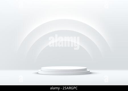 Podium cylindrique abstrait brillant argenté. Concept de salle vide blanche SCI-fi avec éclairage au néon semi-cercle. Rendu vectoriel de la forme 3D, présentation de l'affichage du produit. Scène murale futuriste. Illustration de Vecteur