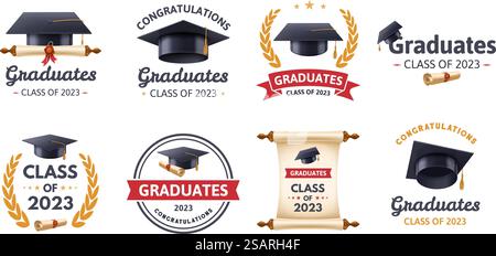 Étiquette de graduation. Classe de 2023 félicitations aux diplômés conception de typographie, badges de cérémonie de remise des diplômes ensemble de modèle vectoriel de 2023 étiquette, illustration de collège d'éducation. Étiquette de graduation. Classe de 2023 félicitations aux diplômés conception de typographie, ensemble de modèles vectoriels de badges de cérémonie de graduation Illustration de Vecteur