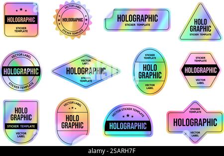 Autocollant holographique en feuille. Modèles de balises d'emblème holo avec dégradé de couleur irisé, ensemble vectoriel d'étiquettes de style vaporwave rétro des années 90. Formes carrées, rondes et ovales pour modèle de badge néon. Autocollant holographique en feuille. Modèles de balises d'emblème holo avec dégradé de couleur irisé, ensemble vectoriel d'étiquettes de style vaporwave rétro des années 90 Illustration de Vecteur