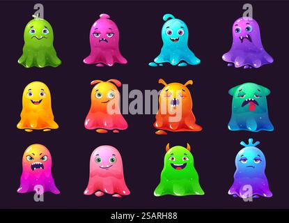Monstres slime de dessin animé. Personnage de blob collant, créatures de gelée de couleur et jeu d'illustration vectorielle drôle d'aliens monstres. Des bêtes brillantes effrayantes avec différentes expressions faciales comme tristes, fatiguées et heureuses. Monstres slime de dessin animé. Personnage de blob collant, créatures de gelée de couleur et jeu d'illustration vectorielle drôle d'aliens monstres Illustration de Vecteur