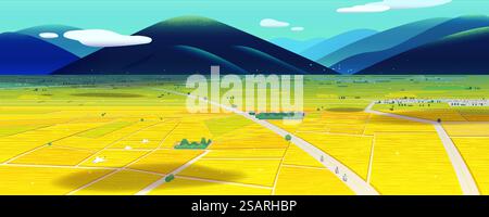 Beau paysage panoramique. Illustration de rizières et de pistes cyclables dans le canton de Chihshang à Taitung, Taiwan.. Fond jaune des champs de riz Illustration de Vecteur