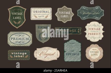 Étiquettes de commerce vintage. Modèle de conception de bannière de vieux rubans avec texture de papier vieilli et ensemble de vecteur de cadre d'emblème orné de badge pour illustration premium de commerce. Étiquettes de commerce vintage. Modèle de conception de bannière de vieux rubans avec texture de papier vieilli et ensemble de vecteur de cadre d'emblème orné Illustration de Vecteur