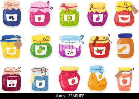 Confitures maison dans des bocaux en verre. Repas gourmands sucrés à base de baies, de conserves de fruits et de beurre d'arachide. Savoureuse confiture isolée collection vectorielle de pot de confiture sucré. Confitures maison dans des bocaux en verre. Repas gourmands sucrés à base de baies, de conserves de fruits et de beurre d'arachide. Collection de vecteur isolé de confiture savoureuse Illustration de Vecteur
