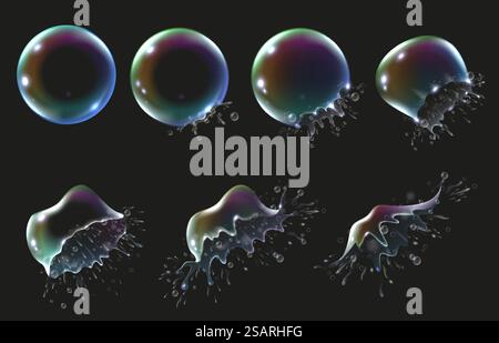Animation d'explosion de bulles de savon arc-en-ciel. Bulle explose en éclaboussures savonneuses, sphère irisée éclatement ralenti mouvement animé cadres ensemble vecteur de bulle de savon sphère, illustration de réflexion de mousse. Animation d'explosion de bulles de savon arc-en-ciel. Bubble explose en éclaboussures savonneuses, sphère irisée burst Slow Motion Slow Motion frames Illustration de Vecteur