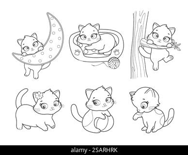 Ensemble vectoriel de chat de style dessin animé mignon dans différentes poses. Illustration de caractère animal pour les enfants. Dessins au trait dessinés à la main de chaton drôle. Grande collection d'animaux de compagnie pour les enfants, coloriage, animation. Illustration de Vecteur