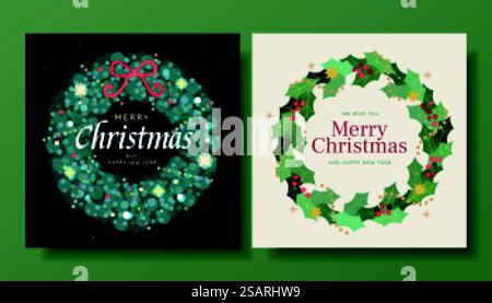 Ensemble de modèle de carte de voeux carré de couronne de Noël. Ensemble de cartes de Noël en forme de couronne Illustration de Vecteur