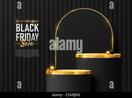 Ensemble d'étapes réaliste 3D noir et doré cylindre stand podium dans le concept de vendredi noir. Scène minimaliste de luxe pour la maquette d'affichage de produit. Formes géométriques vectorielles. Vitrine de scène. Chambre abstraite sombre. Illustration de Vecteur