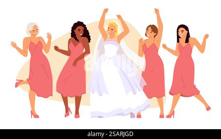 Scène de célébration de fête de poule. Mariée portant une robe de mariée et un groupe d'amis de fille dansant se déplaçant à la musique ayant l'illustration vectorielle amusante. Concept de préparation de cérémonie de mariage. Scène de célébration de fête de poule avec la mariée et les amis dansant Illustration de Vecteur