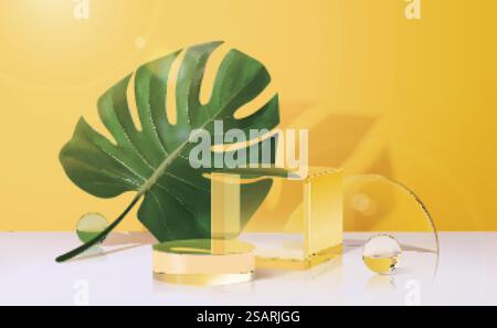 3d belle conception de scène avec cube de verre et podium d'affichage rond, décoré avec des feuilles tropicales, des boules de cristal et des plaques rondes. Convient pour tous les produits d'été.. scène jaune 3d avec podium en verre Illustration de Vecteur