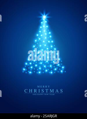Carte de voeux joyeux Noël et bonne année. Arbre de Noël avec des étoiles argentées sur fond bleu. Illustration vectorielle Illustration de Vecteur