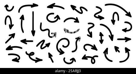 Vecteur de flèche défini dans le style dessiné à la main isolé sur fond blanc. Panneaux de direction Illustration de Vecteur