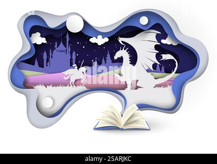 Livre de conte de fées avec chevalier blindé médiéval combattant dragon sur la conception d'illustration vectorielle de château enchanté. Livre de conte de fées avec la conception de chevalier combattant dragon Papercut Illustration de Vecteur