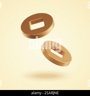 Illustration 3d d'anciennes pièces d'or mat japonaises ou chinoises en position de chute. Élément de festival asiatique ensemble isolé sur fond jaune.. 3d anciennes pièces d'or asiatiques Illustration de Vecteur