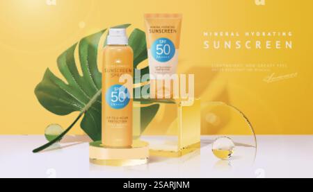 maquette de crème solaire 3d sur le podium d'affichage en verre, décorée avec des feuilles tropicales, des boules de cristal et des assiettes rondes. Beau design de scène adapté à tous les produits d'été.. podium en verre jaune 3d pour les produits Illustration de Vecteur