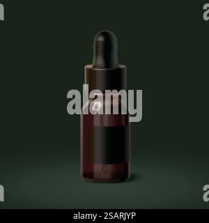 illustration 3d de bouteille compte-gouttes en verre brun. Elément de récipient cosmétique ou médical isolé sur fond vert foncé. bouteille compte-gouttes en verre marron 3d. Illustration de Vecteur