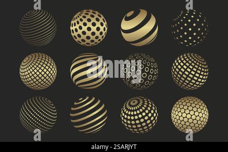 Boules dorées avec motif géométrique. Cercles plats simples avec effet texturé. Collection d'éléments ronds décoratifs. Icônes vectorielles isolées Illustration de Vecteur