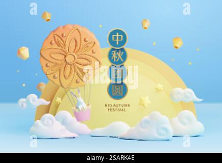 3d Mid Autumn Festival conception d'affiche avec lapin mignon assis dans un ballon chaud mooncake et volant au-dessus de la lune. Convient pour carte de voeux ou fond de promo de boulangerie chinoise .. Conception d'affiche de dessin animé 3d Mid Autumn Illustration de Vecteur