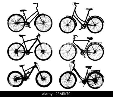 Silhouette de vélo de vecteur ensemble isolé sur fond blanc. Collection de silhouettes de vélo noir réalistes. Vélos de style différent. Illustration vectorielle ESP10 Illustration de Vecteur