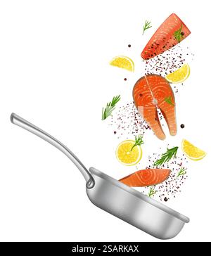 Steaks de poisson rouge de saumon, filet avec tranches de citron, poivre et herbe épicée de romarin tombant dans la poêle, illustration vectorielle. Cuisson savoureux composition de fruits de mer sains pour le menu du restaurant, recette etc. Steaks de poisson rouge de saumon et poêle, illustration réaliste vectorielle Illustration de Vecteur