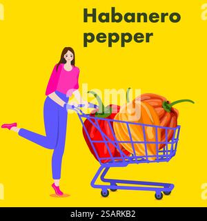 Une femme tient un chariot avec des piments Habanero. Piments du Chili. Illustration vectorielle isolée. Illustration de Vecteur