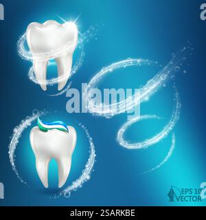 3d vecteur réaliste dent brillante saine. Mousse vortex autour de la dent blanche et du dentifrice à la menthe. Illustration de soins dentaires, de protection et de blanchiment. vecteur réaliste 3d dent brillante saine. Mousse vortex autour de la dent blanche et du dentifrice à la menthe. Illustration de soins dentaires, de protection et de blanchiment Illustration de Vecteur